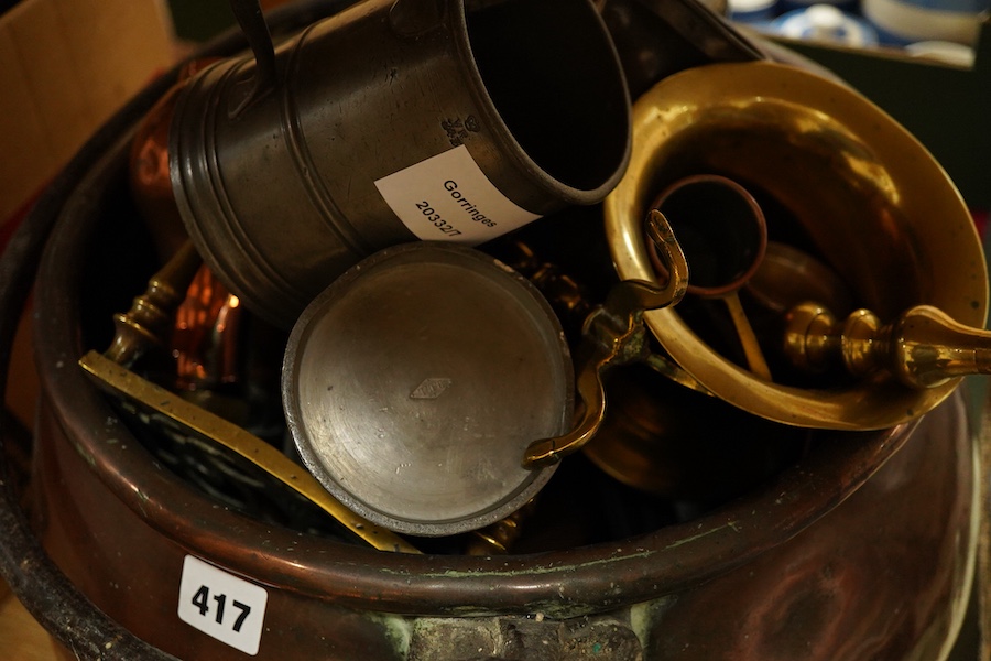 A collection of mixed pewter copper and brass
